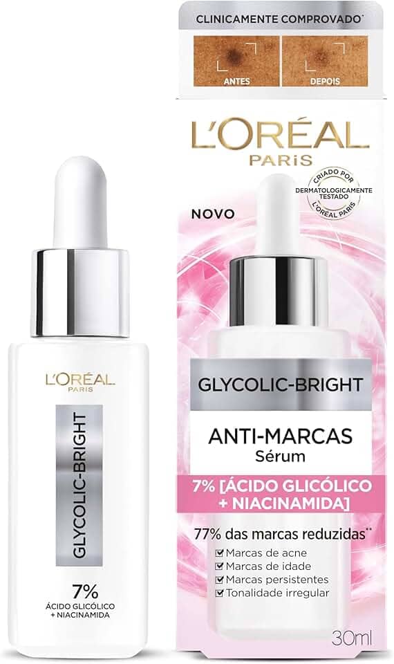 L'Oréal Paris Glycolic Bright Sérum Facial Anti-Marcas, com Ácido Glicólico e Niacinamida, Reduz Marcas de Acne e Idade, Uniformiza o Tom e a Textura da Pele, 30ml