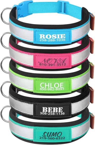 Coleira de cachorro personalizada, coleira de identificação personalizada com nome do animal de estimação e número de telefone, coleira de nylon refletiva ajustável - coleira acolchoada macia de 5
