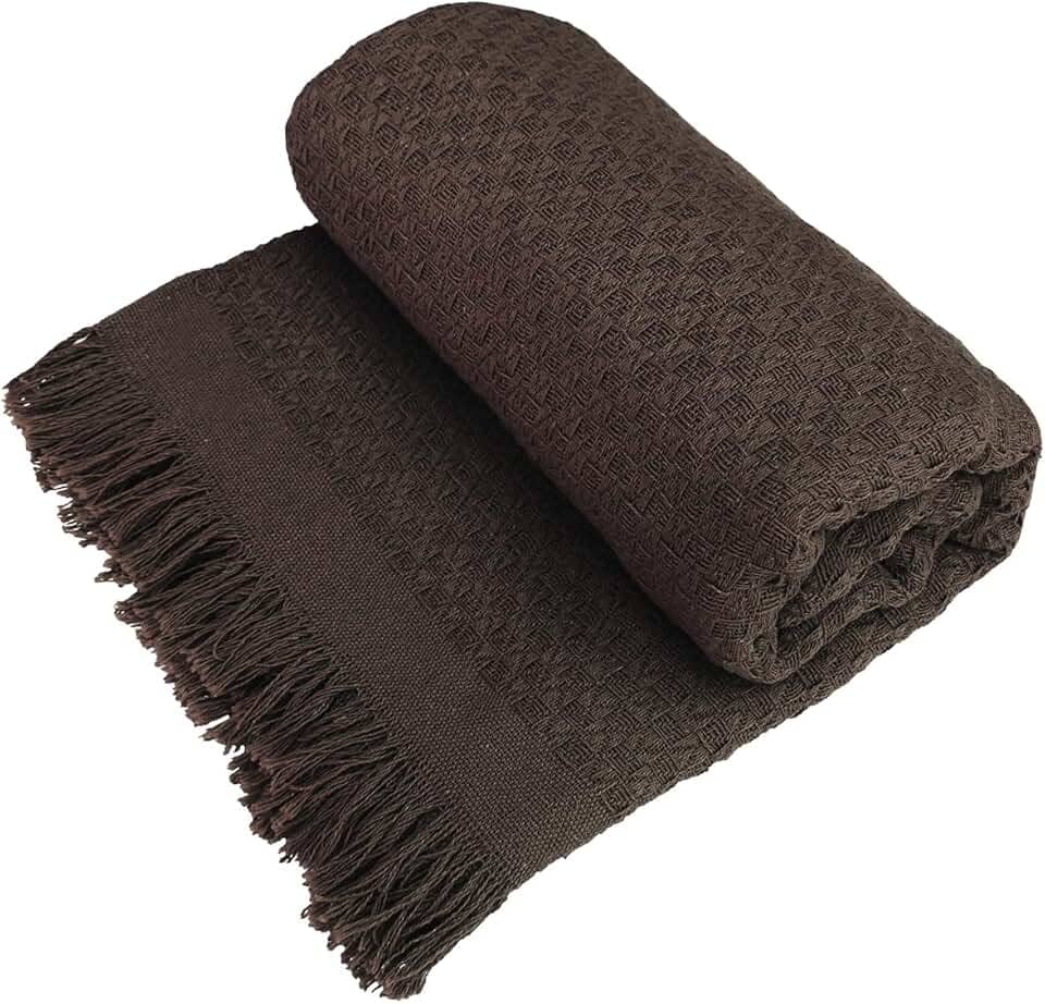 Decolab Manta para Sofá em Algodão com Franjas Artesanais | Cobertor Decorativo para Sofa, Poltrona e Cama | Estilo Boho Chic (Marrom)