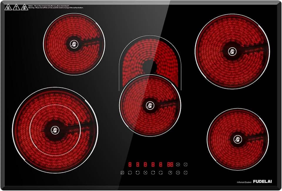 FUDELAI Cooktop Elétrico De 30" Com 5 Bocas, Fogão Infravermelho 8500 W Controle Toque E Temporizador, Embutido/De Bancada, 9 Níveis Potência, Trava Para Crianças, Segurança Automática, Vidro Fácil