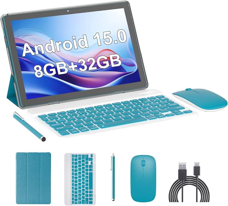 Tablet Android 15, tablets de 10 polegadas, 8 GB de RAM + 32 GB de ROM/2 TB expansível, tablets 2 em 1 com capa para teclado, tela IPS 1280 x 800, 5G Wi-Fi6, câmera dupla, bateria de 6000 mAh BT5