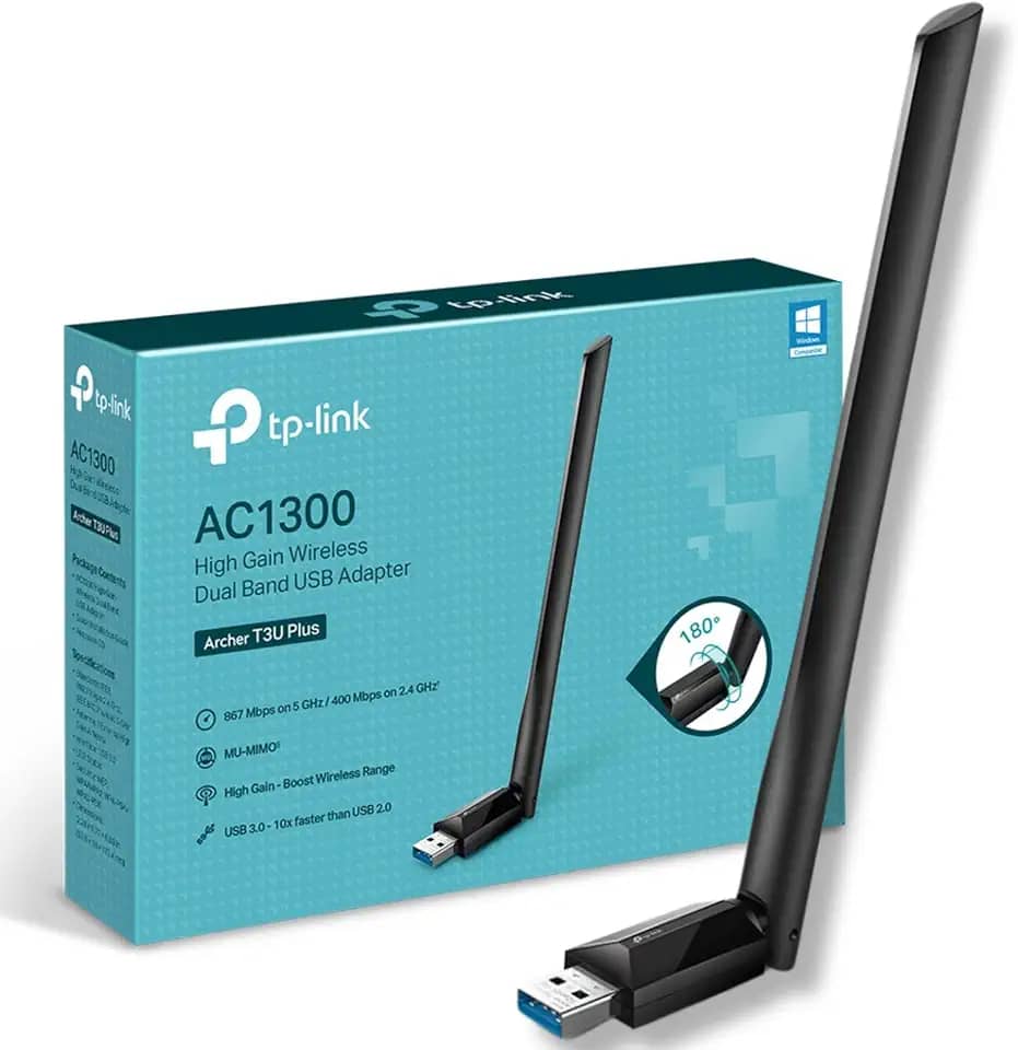 TP-Link Adaptador Wi-Fi AC1300 USB 3.0 de alto ganho, adaptador Wi-Fi MU-MIMO de banda dupla com antena 5dBi para PC/Desktop/Laptop, suporta Windows 11/10/8.1/8/7 (Archer T3U Plus)