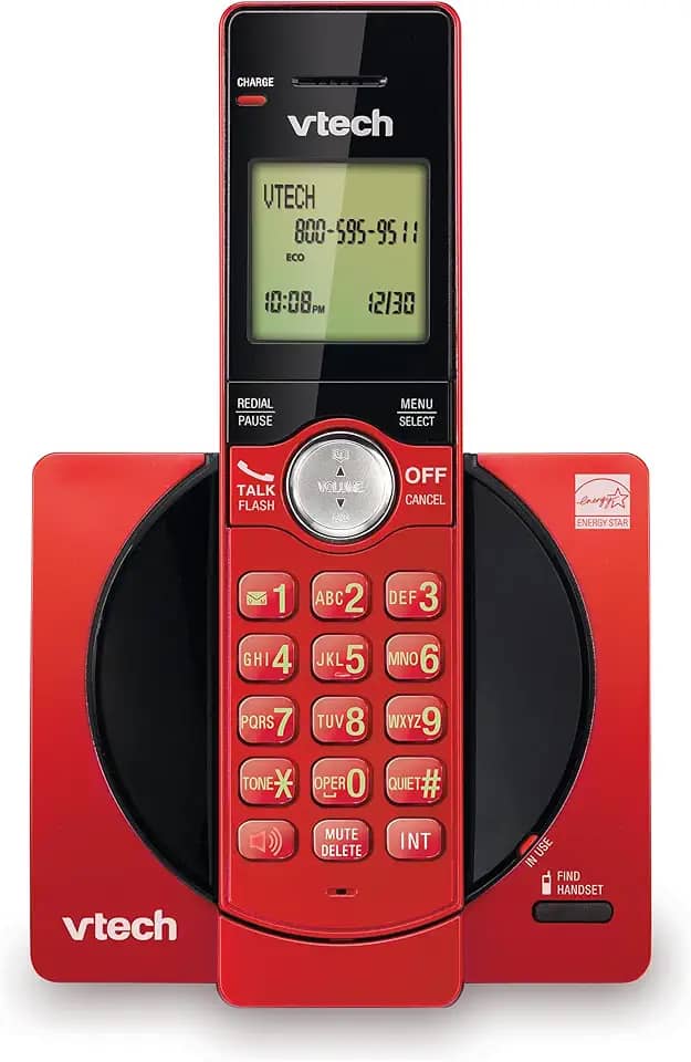VTech Telefone sem fio para casa com ID de chamada/chamada em espera, telefones fixos CS6919-16, teclado iluminado, viva-voz full duplex, suporte de parede, vermelho