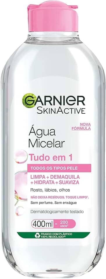 Garnier SkinActive Água Micelar de Limpeza Tudo em 1, Solução Demaquilante que Limpa, Tonifica e Remove Oleosidade, Fórmula Suave Sem Álcool para Todos os Tipos de Pele, 400ml