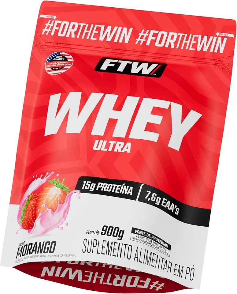 FTW Whey Ultra Protein com Proteína Concentrada WPC, Suplemento Alimentar em Pó com 15g de Proteína por Porção, Rico em Aminoácidos Essenciais, Sem Glúten – Refil 900g (Sabor Morango)