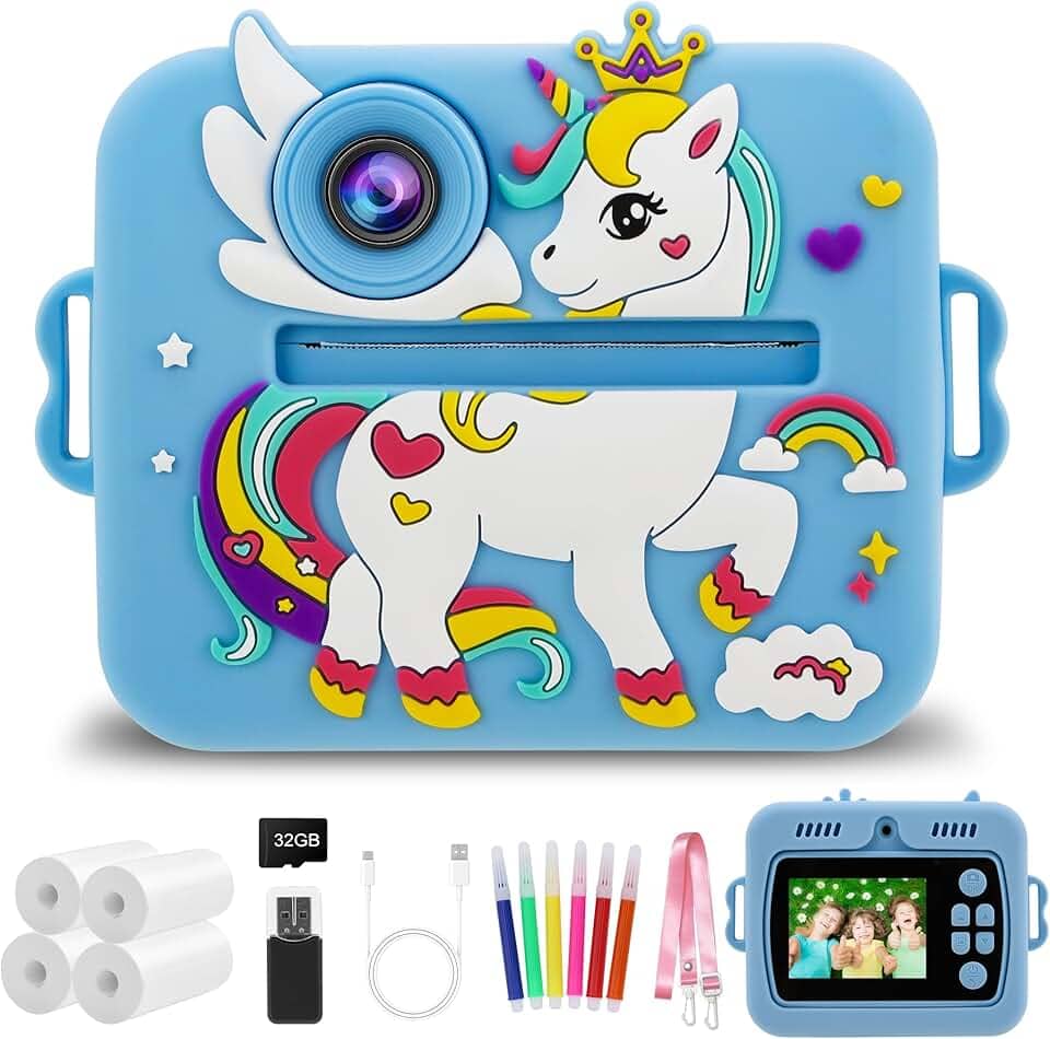 Câmera Infantil, Portátil Digital, Pode Selfie com 32GB Cartão, Papel Fotográfico, Canetas Coloridas, Vídeo HD, Brinquedos Meninas Meninos com Crianças de 3 a 14 Anos (Azul)