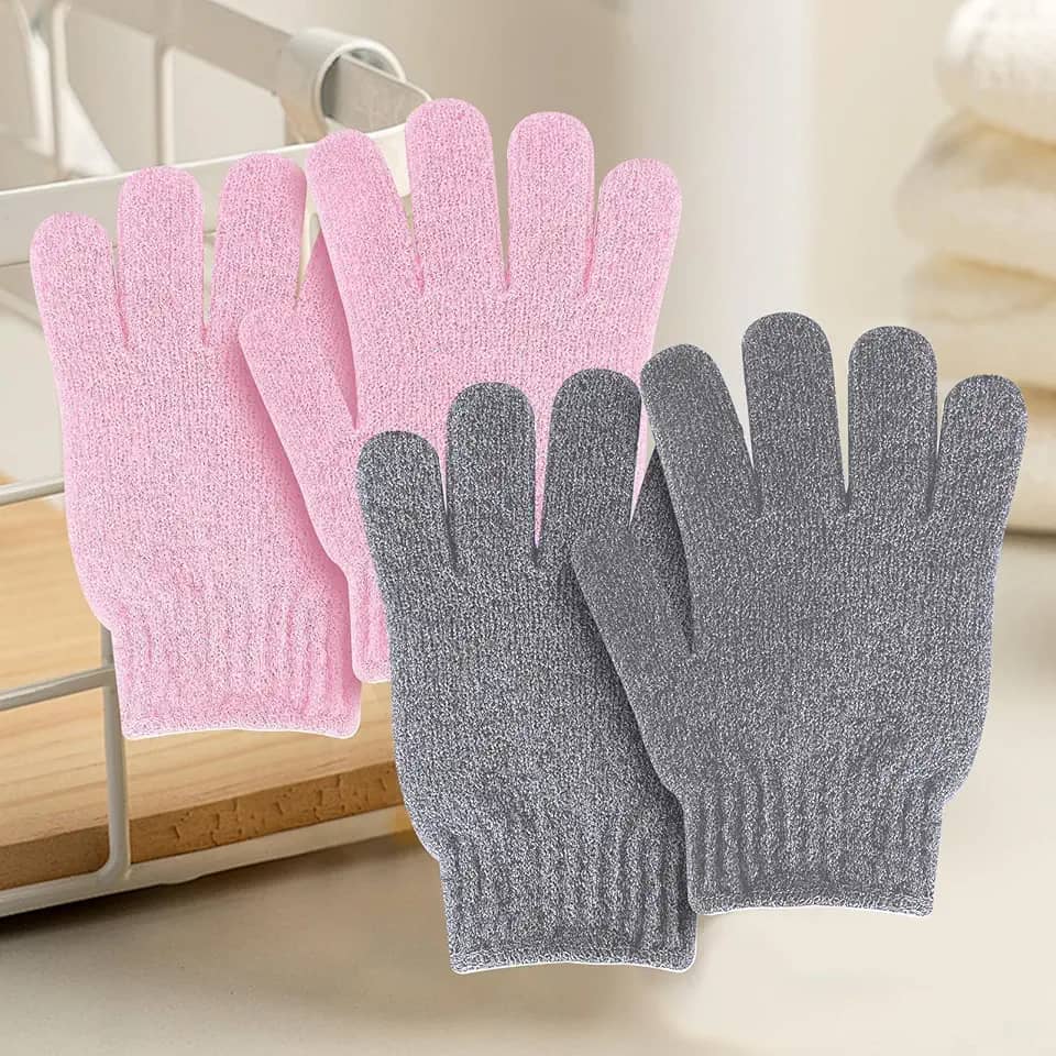 4 luvas esfoliantes de lavagem, esponjas de banho, luvas de banho de textura dupla para esfoliação corporal de chuveiro, limpeza profunda remove a pele morta para mulheres e homens (rosa + cinza)