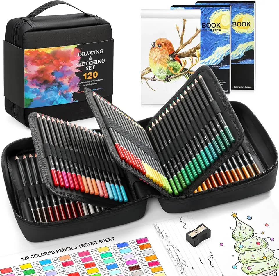 Pacote com 120 lápis de cor para livros de colorir para adultos, lápis de cor à base de óleo de núcleo macio com caderno de esboços, livro de cores, materiais de arte com estojo com zíper, presentes