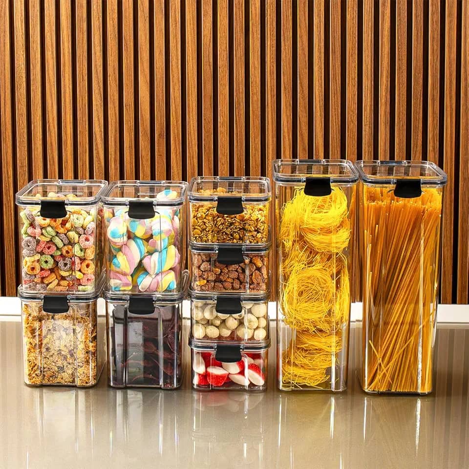 Kit 10 Potes Herméticos Organizadores Empilháveis para Mantimentos - Pote Hermético BPA Free - Utensílios para Cozinha, Armário, Alimentos, Porta Mantimentos, Empilhável