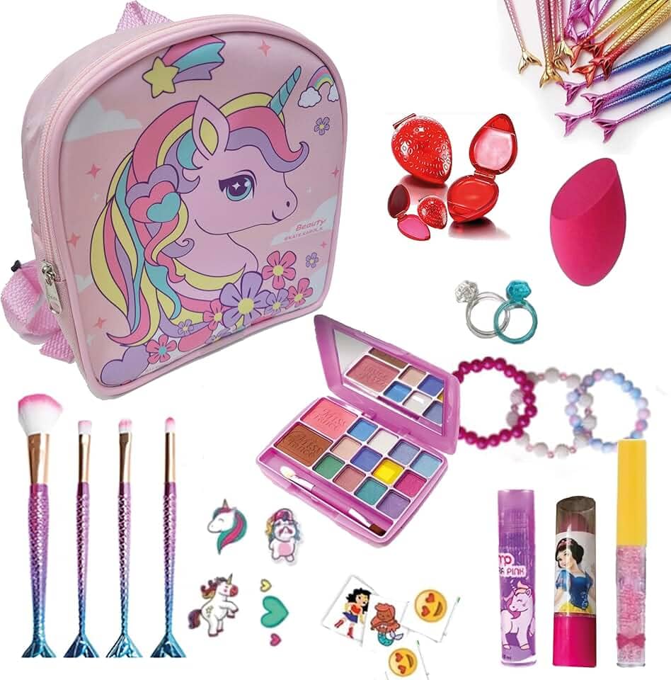 Maquiagem Infantil Kit com Maleta Unicórnio, Paleta de Sombras, Pincéis de Maquiagem Sereia, Gloss Labial e mais acessórios. Brinquedo Presente para meninas Kit Beleza