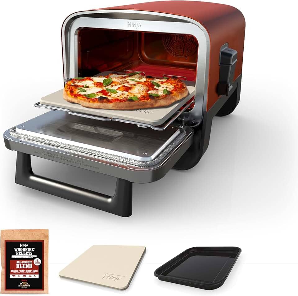 Ninja Forno De Pizza Ao Ar Livre A Lenha, Forno Elétrico Portátil 8 Em 1, Aquece Até 700 °F, 5 Configurações De Pizza Artesanal, Caixa De Defumação De Churrasco Integrada, Inclui Pellets De Madeira