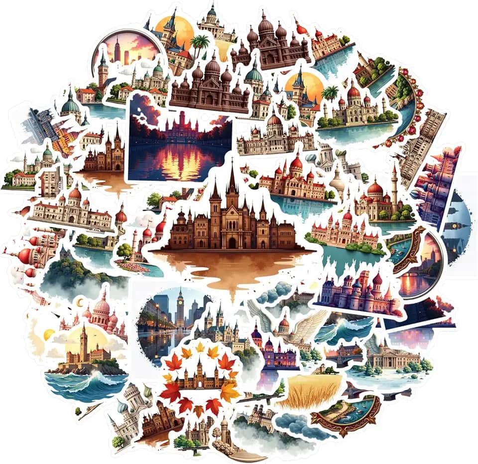 35 peças arquitetura marco castelo palácio histórico adesivo de PVC adesivos históricos adesivos arquitetônicos detalhados para telefone faça você mesmo, guitarra, laptop, notebook, mala, copo