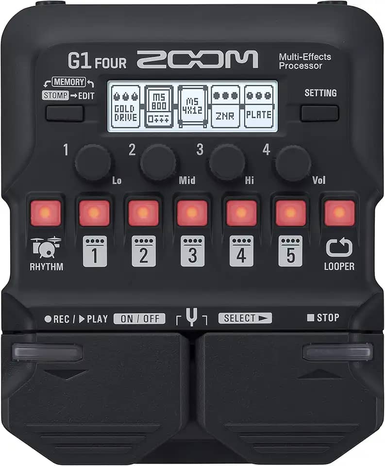 Pedal processador multiefeitos para guitarra Zoom G1 Four, com mais de 60 efeitos embutidos, modelagem de amplificador, e mais