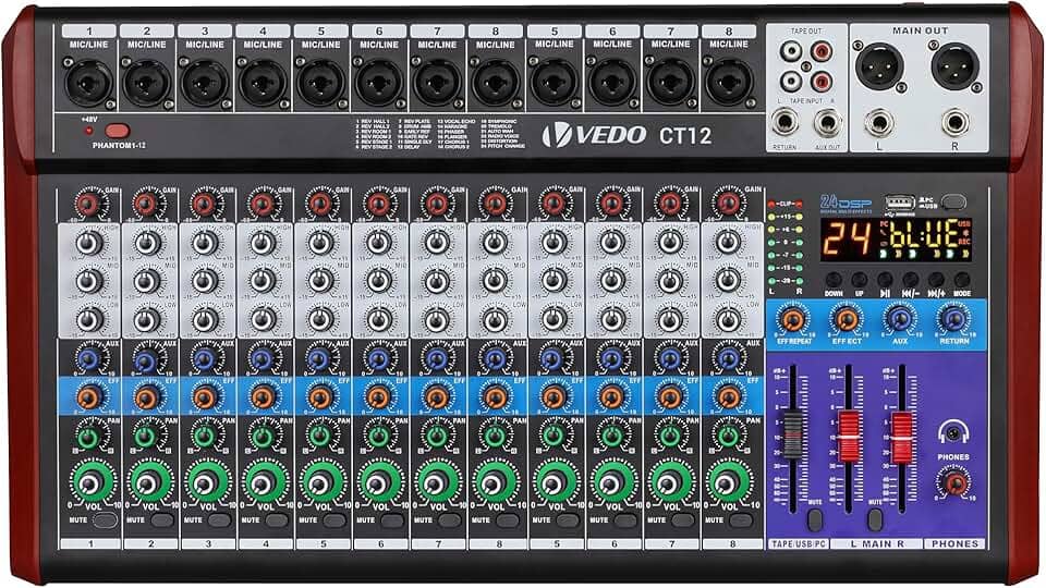 VEDO Mesa de Mistura CT12 Profissional de 12 Canais com Equalizador de 3 Bandas, 24 Efeitos DSP, Bluetooth 5.0, Reprodução/Gravação USB, Alimentação Phantom 48V para Som ao Vivo, Estúdio, Karaokê