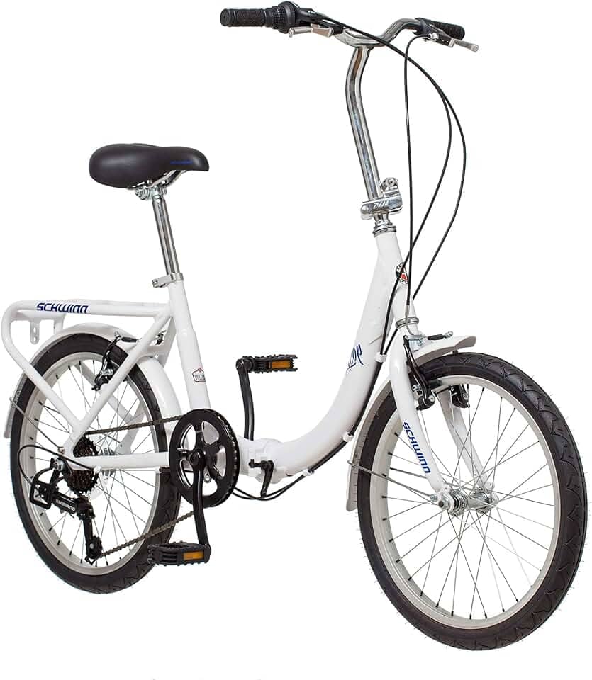 Schwinn Bicicleta dobrável, preta, titânio ou branca, bicicleta de 50 cm para adultos e crianças, 7 velocidades, estrutura dobrável de alumínio leve, suporte traseiro integrado, freios lineares