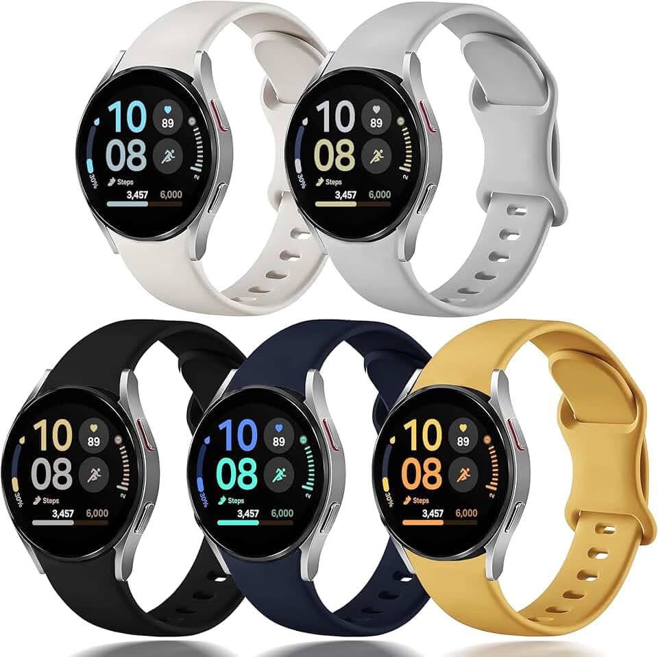 Pulseira para Samsung Galaxy Watch 7 6 5 4 FE 40mm 44mm / Watch 6/4 Classic 47mm 43mm 46mm 42mm e Watch 5 Pro 45mm, pulseira esportiva silicone à prova d'água para homens e mulheres, 5 Pacote