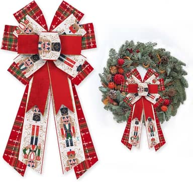 Grande laço de Natal para grinalda, soldado quebra-nozes, veludo, vermelho, verde, xadrez, arco para decoração de Natal, laço de inverno para porta da frente, interior, exterior, parede,