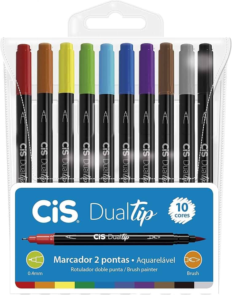 Caneta Pincel dual Tip Aquarelável com 10 cores Cis