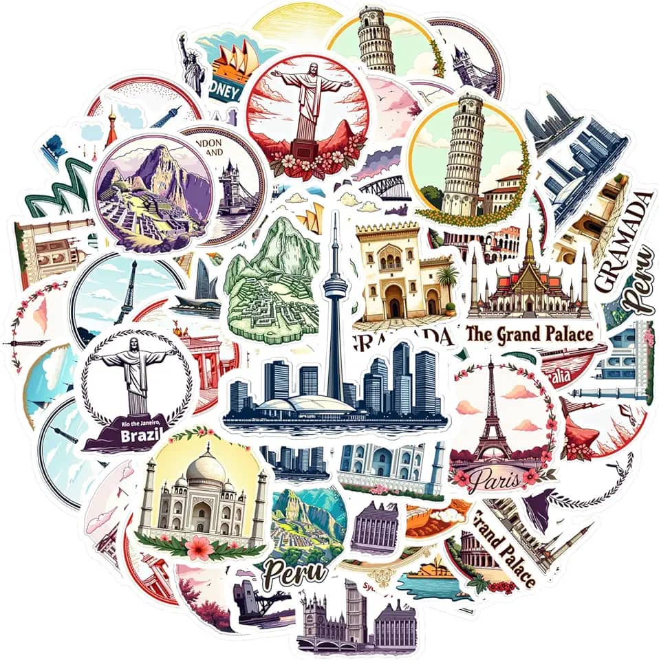 Pacote de adesivos culturais com 35 peças de marcos de viagem e turismo, arquitetura artística, decalques para notebook, bagagem, copo de celular, faça você mesmo, telefone, guitarra, laptop, notebook