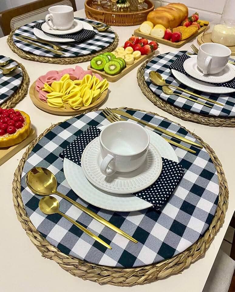 Kit 04 Capas Sousplat Xadrez Preto Jogo Americano Redondo 35cm Estilo Rústico Decoração Mesa Posta