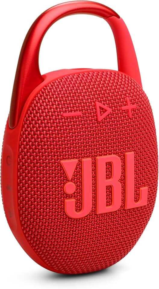 JBL Clipe 5 – Alto-falante Bluetooth ultraportátil, impermeável e à prova de poeira, mosquetão integrado, até 12 horas de reprodução, feito em parte com materiais reciclados (vermelho)