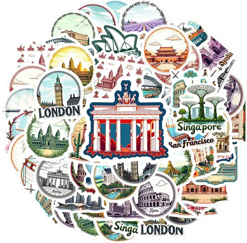 Pacote de adesivos de 50 peças de marcos de viagem, turismo, arquitetura, arquitetura, cultural, adesivos, marcos de viagem, para laptop, motocicleta, bagagem, telefone, notebook, bagagem, copo de