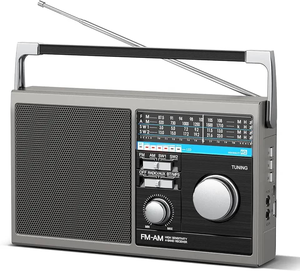 Rádio AM FM portátil, rádio transistor de ondas curtas com melhor recepção, operado por bateria ou retro, alimentação CA, com alto-falante Bluetooth grande, entrada auxiliar de cartão USB TF, para