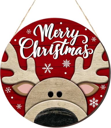 Decoração de porta de rena de Natal, guirlanda de Natal para porta da frente, linda placa redonda de madeira, decoração de Natal para casa de fazenda, varanda, parede, escritório, ambientes