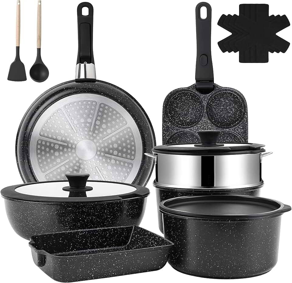 Jogo De Panelas 12 Peças, Conjunto De Panelas Antiaderentes Punho Destacável, Conjuntos De Panelas De Cozinha De Indução Antiaderente Com Alça Removível