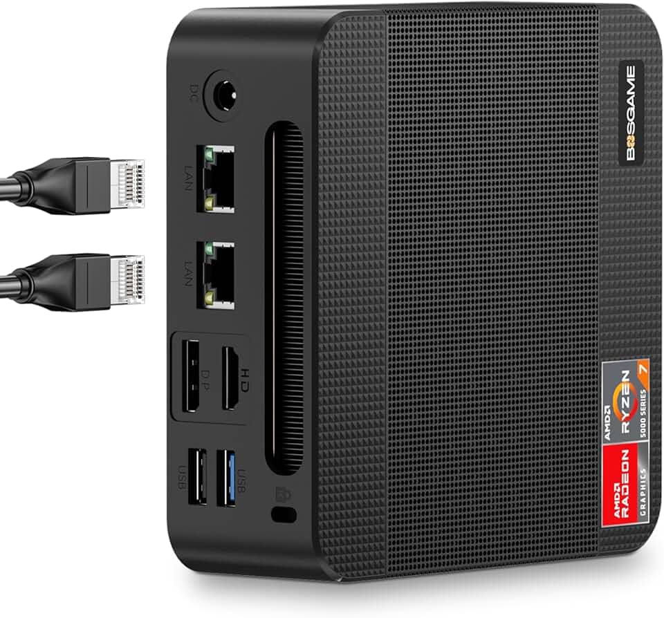 BOSGAME P4 Mini PC, Computadores Desktop Ryzen 7 5825U, 16 GB de RAM DDR4, SSD M.2 NVMe de 512 GB, PC de mesa com três monitores, portas LAN 2,5G duplas, WiFi 6E, BT 5.2