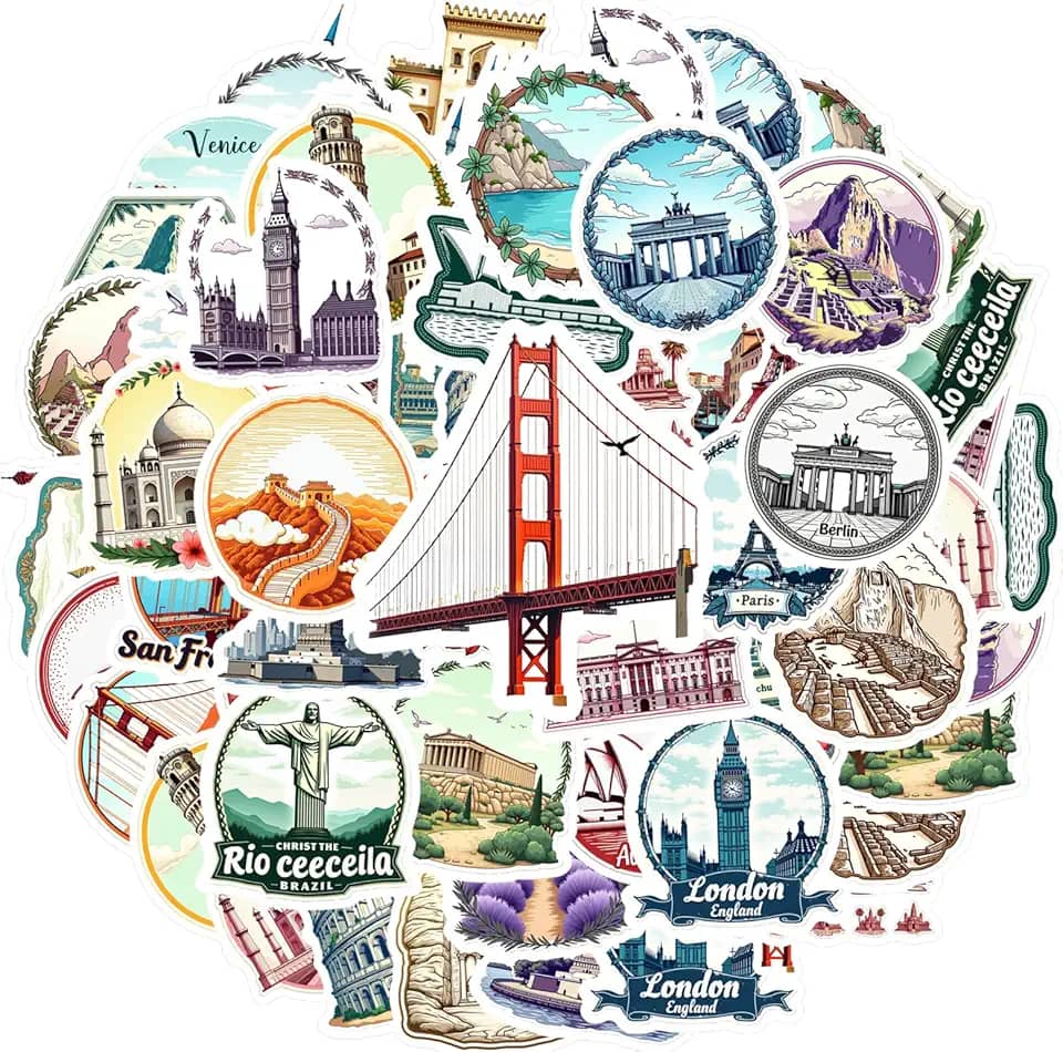 35 peças de marcos de viagem, turismo, arquitetura, marco cultural, adesivos culturais, pacote de adesivos vintage para laptop, motocicleta, bagagem, telefone, faça você mesmo, guitarra, notebook