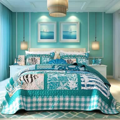 Conjunto de colcha costeira Queen Size 3 peças, colcha de praia de verão, leve, tema verde oceano, xadrez, patchwork, conjunto de edredom de microfibra reversível para todas as estações