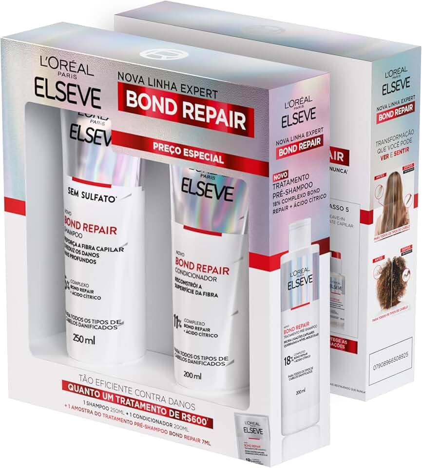 L'Oréal Paris Elseve Bond Repair Kit Reparação Molecular com Ácido Cítrico para Cabelos Danificados, Reconstrói Ligações e Devolve Força (Shampoo + Condicionador + Sachê Pré-Shampoo)