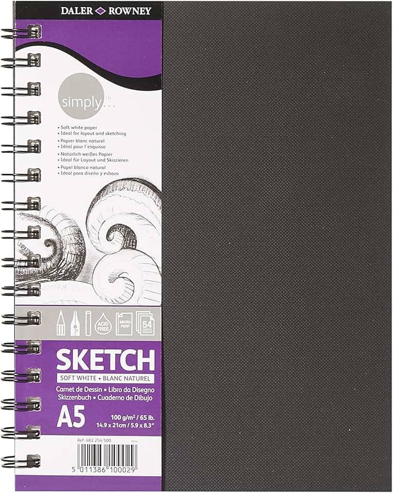 DALER ROWNEY Simply Sketchbook, Papel para Desenho em Caderneta, com Espiral, Tamanho A5, Gramatura 100 g/m²