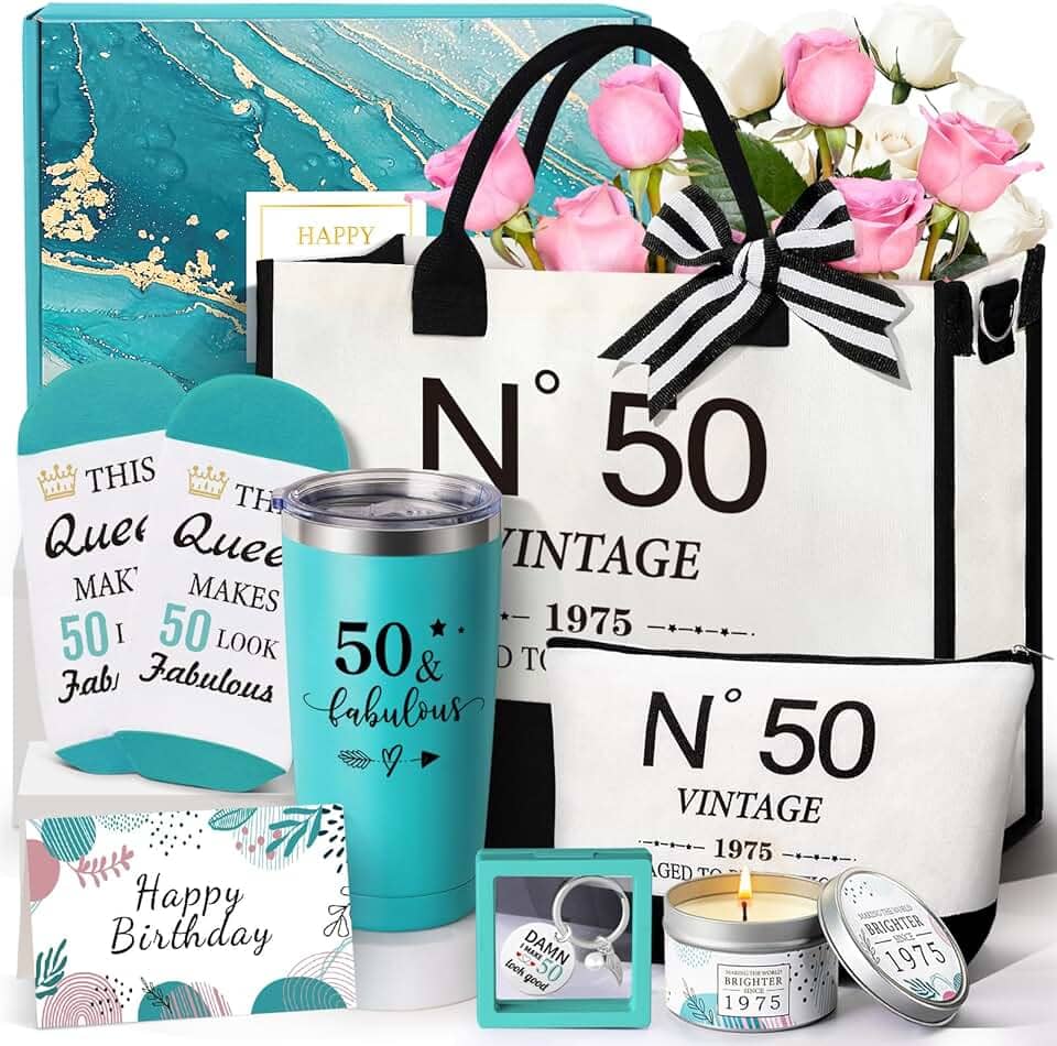 Presentes de aniversário de 50 anos para mulheres, conjunto de presente para mulheres, sacola de lona de 1975, presente de aniversário de 50 anos, cesta para ela virar 50 anos, mãe, esposa, irmã amiga