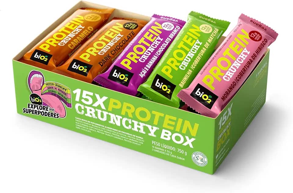 Kit Barra de Proteína Crocante biO2 Protein Crunchy Box, 15 barras de 50 g, 5 sabores Vegana e sem Glúten