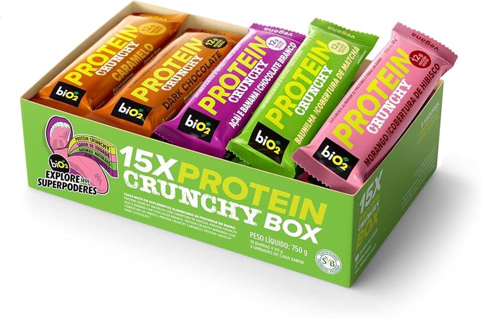 Kit Barra de Proteína Crocante biO2 Protein Crunchy Box, 15 barras de 50 g, 5 sabores Vegana e sem Glúten