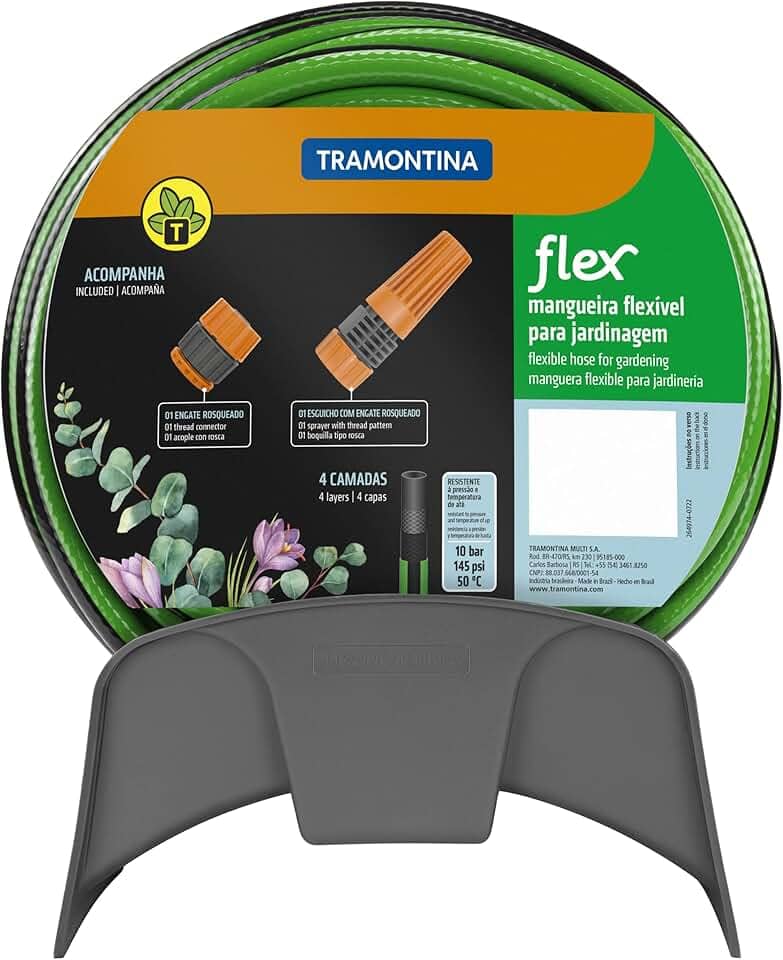 MANGUEIRA JARDIM FLEX ESPECIAL LISTRADA EM PVC, COM SUPORTE E ENGATES PLAST, COM 20 METROS