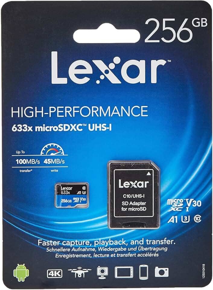 256GB– Class 10, A1, UHS-I (U3), V30, 633x (up to 100MB/s read, up to 45MB/s write)