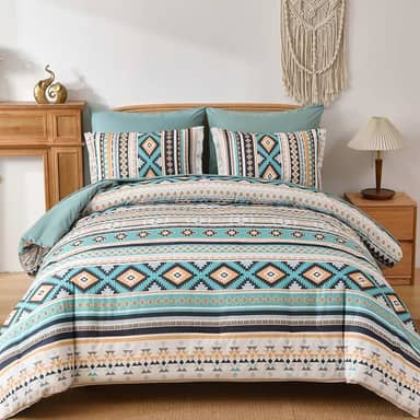 Dinjoy Conjunto de edredom Boho King Size em uma bolsa, 7 peças, conjunto de edredom listrado asteca para outono, boêmio, conjunto completo de edredons geométricos para mulheres e homens, 224 x 264 cm