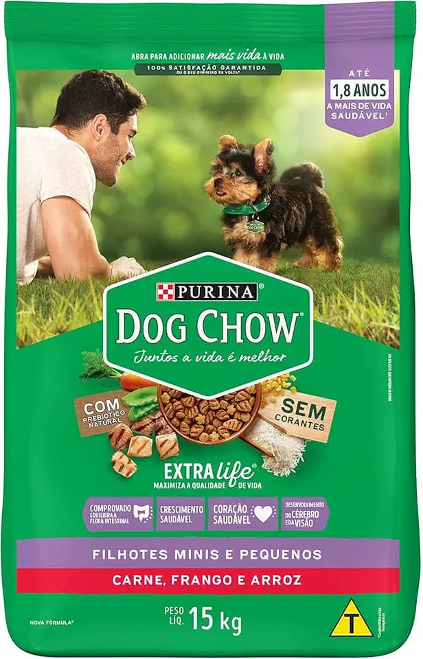 Purina Ração Dog Chow Para Cães Filhotes De Raças Pequenas Sabor carne, frango, fruta e leite - 15Kg Para Todas Pequeno Filhotes - Sem Corante (Embalagem pode variar)