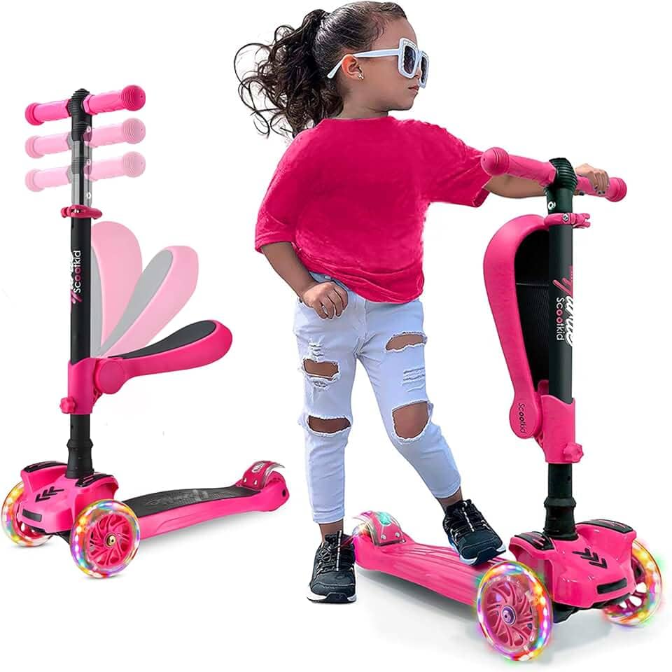 Patinete Infantil Hurtle 2 em 1 Rosa com Assento Retrátil e Luzes LED, Scooter de 3 Rodas Ajustável para Meninas 1-14 Anos, Estável e Seguro, HURFS66