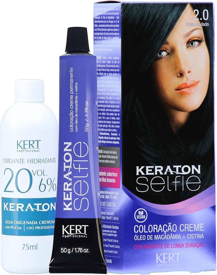 Coloração permanente em creme para cabelos, Com cistina e óleo de macadâmia, Selfie, 50g, Keraton, Nº 2.0 Preto Azulado