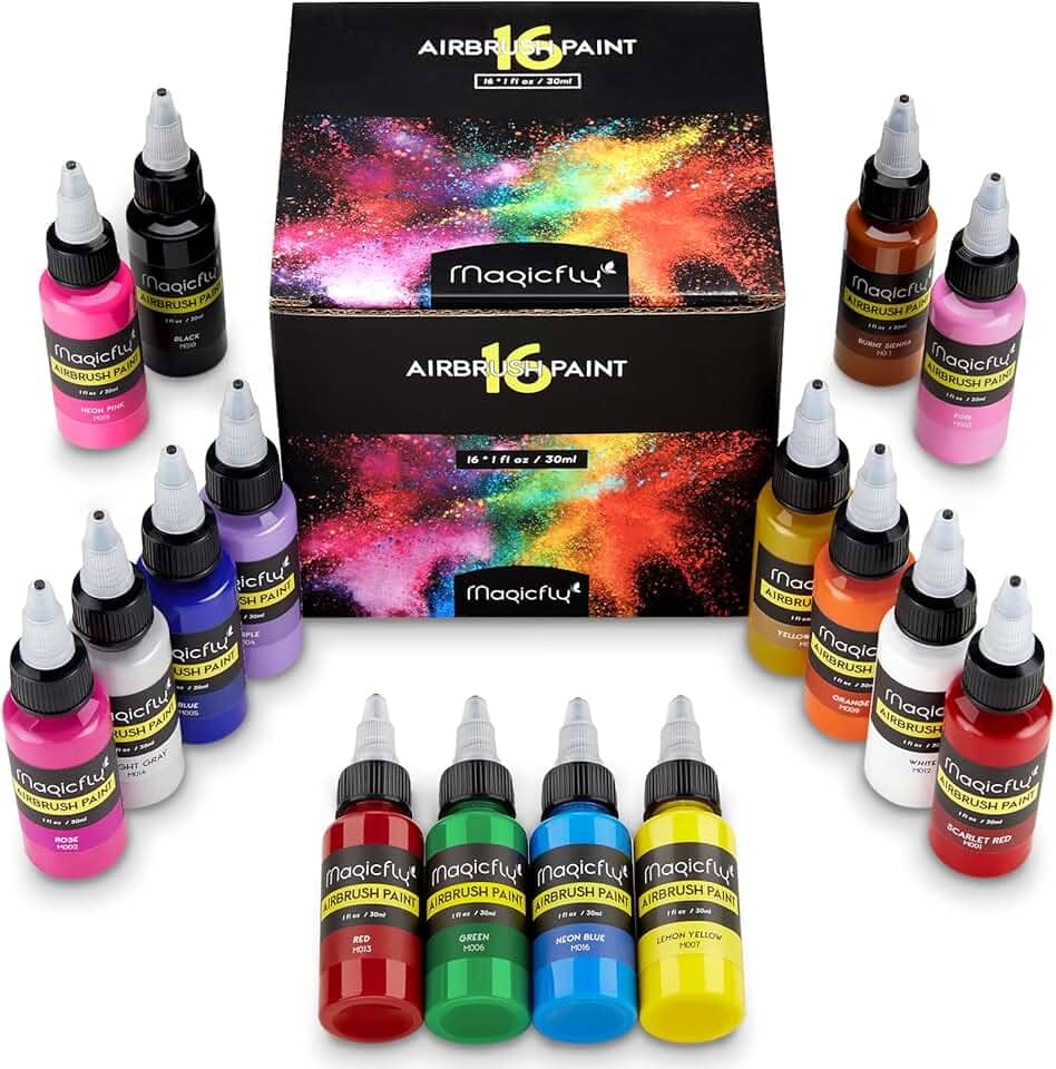 Magicfly Tinta para aerógrafo, conjunto de tintas acrílicas para aerógrafo de 16 cores (30 ml/28 g), kit de pintura para aerógrafo de para iniciantes, hobistas e artistas