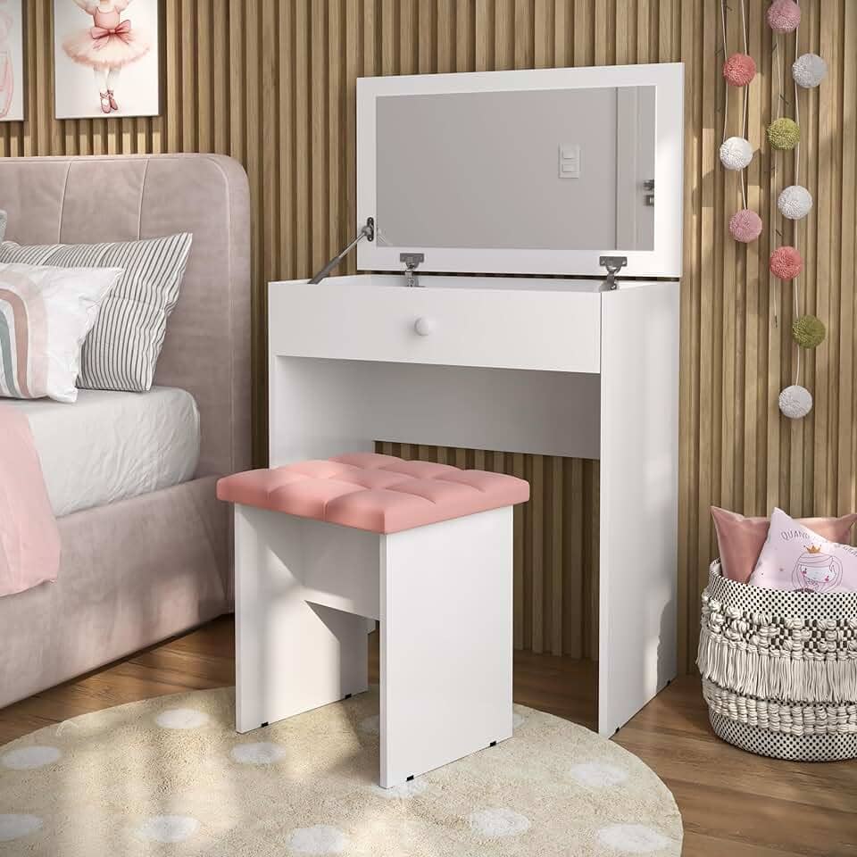 Penteadeira Escrivaninha Mesa Camarim Com Espelho e Gaveta e Banqueta (Rosa)