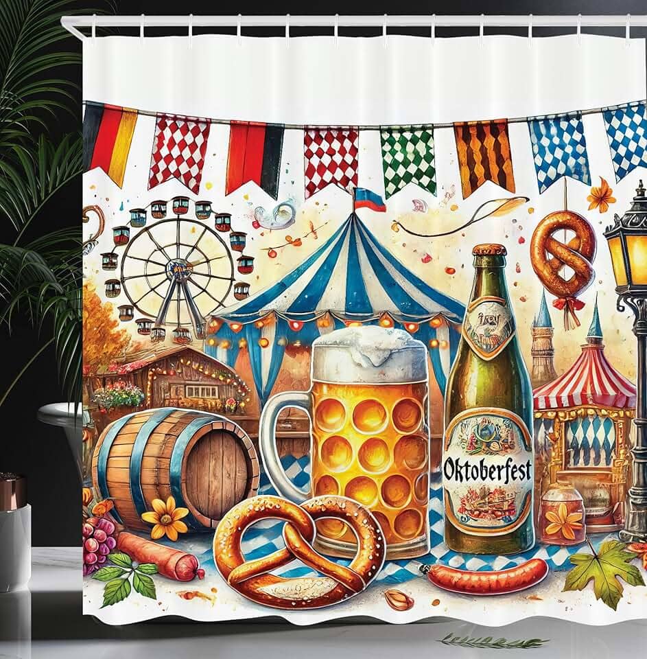 Lunarable Cortina de chuveiro Oktoberfest, cena festiva de itens clássicos da Baviera Folk Alemão Tenda de Cerveja Frankfurter, Conjunto de Decoração de Banheiro de Tecido de Tecido com Ganchos, 175