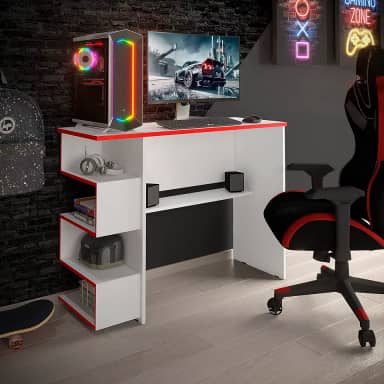 Mesa Para Computador Gamer – Escrivaninha Com Nicho (Branco/Vermelho)