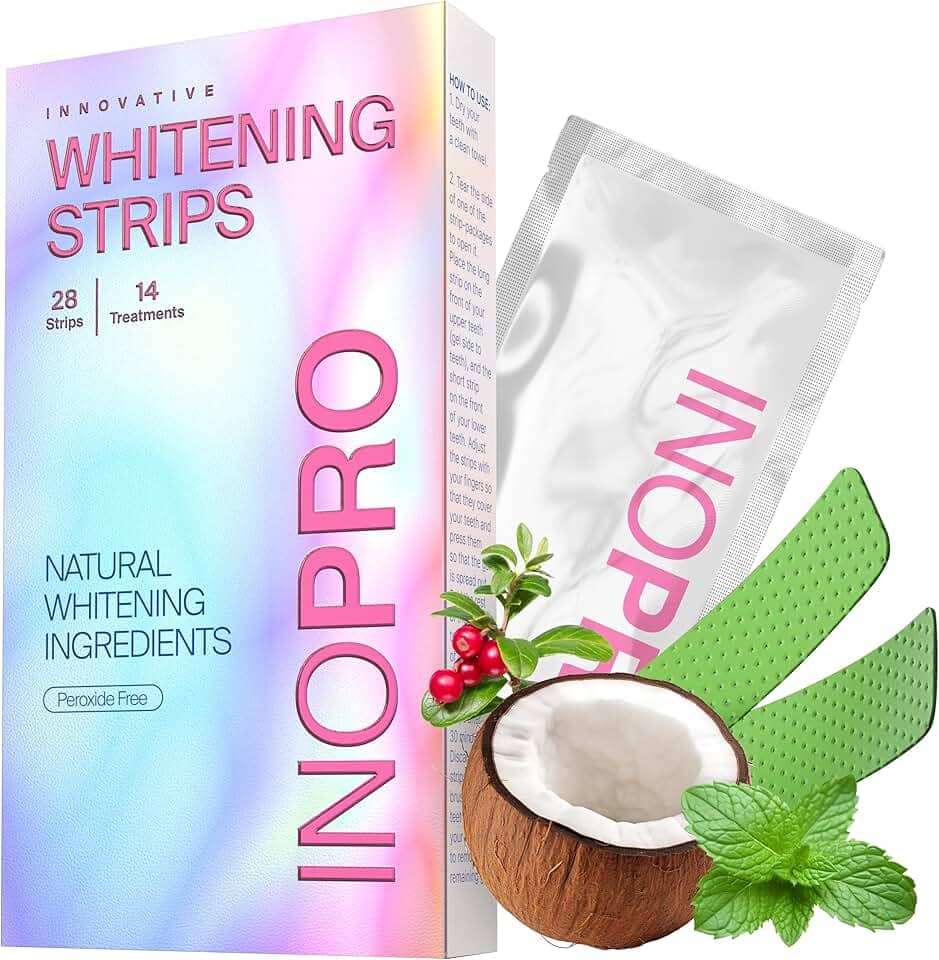 InoPro Tiras De Clareamento Dental para Dentes Sensíveis 14 Tratamentos - Teeth Whitening Strips - Sem Peróxido, Seguro para o Esmalte - Remoção de Manchas Profundas, Verde - Clareador dental para café, vinho, tabaco (28 Peças)