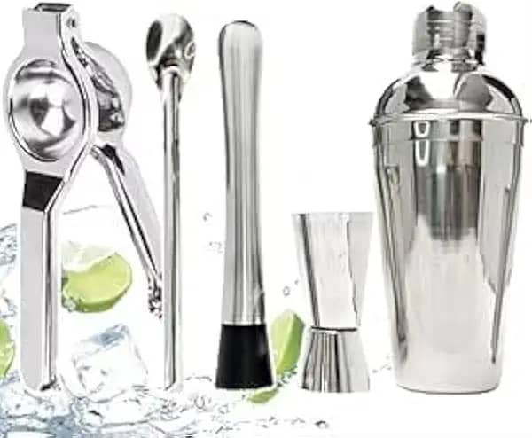 Kit Caipirinha Profissional, 750ml, Kit Coqueteleira 5 Peças em Aço Inox, Shaker com Medidor e Acessórios para Bar