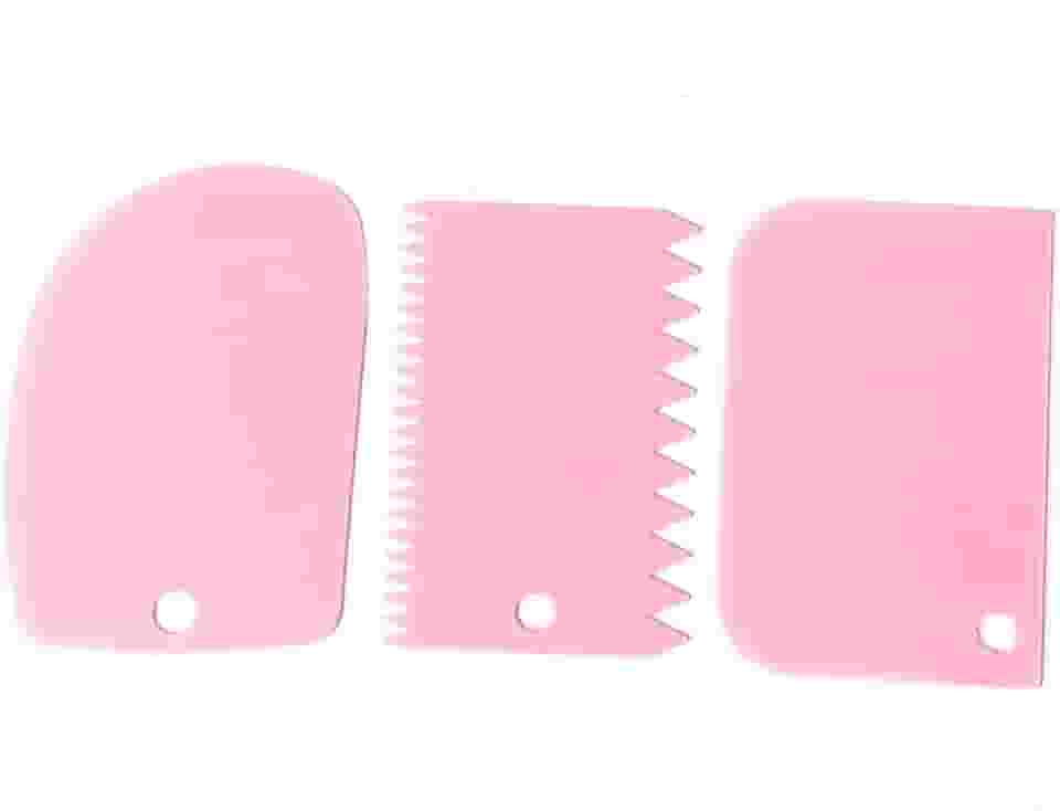 Conjunto Kit de 3 Espátula Raspadora Decorativa de Bolo, Pães, Massas e Wave Cake Cor Rosa Bebê